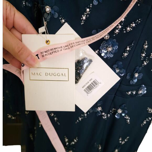 Mac Duggal 9263 Navy Ocean Blue Embellished Flutter Sleeve High Neck Gown 16W - Picture 3 of 9